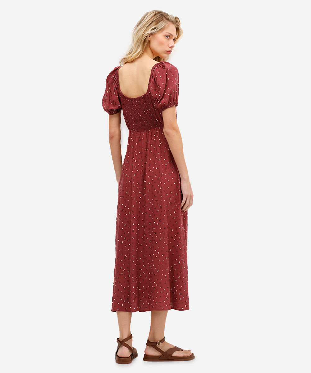vestido midi feminino de viscose floral vinho