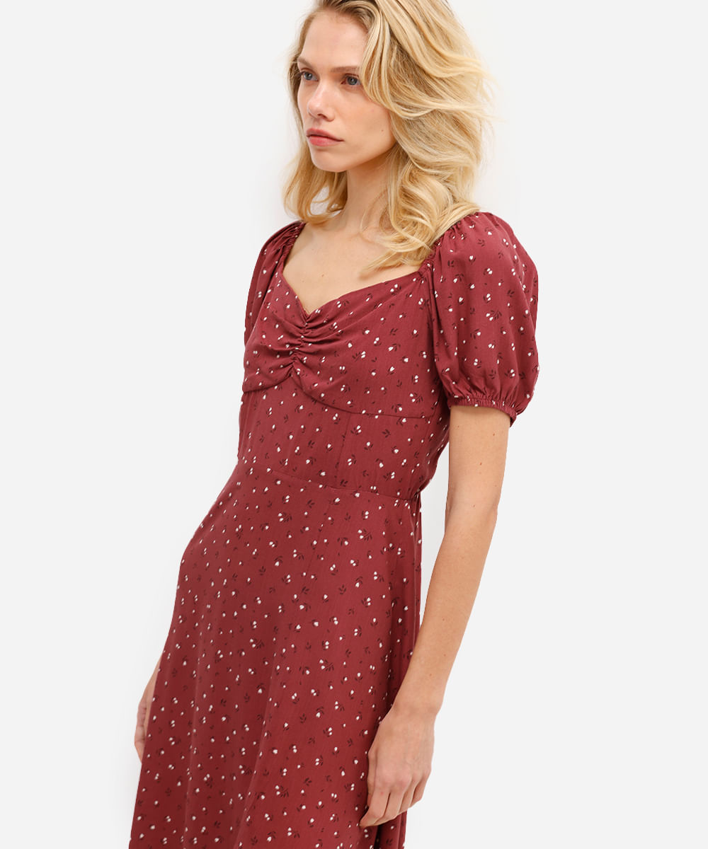 vestido midi feminino de viscose floral vinho
