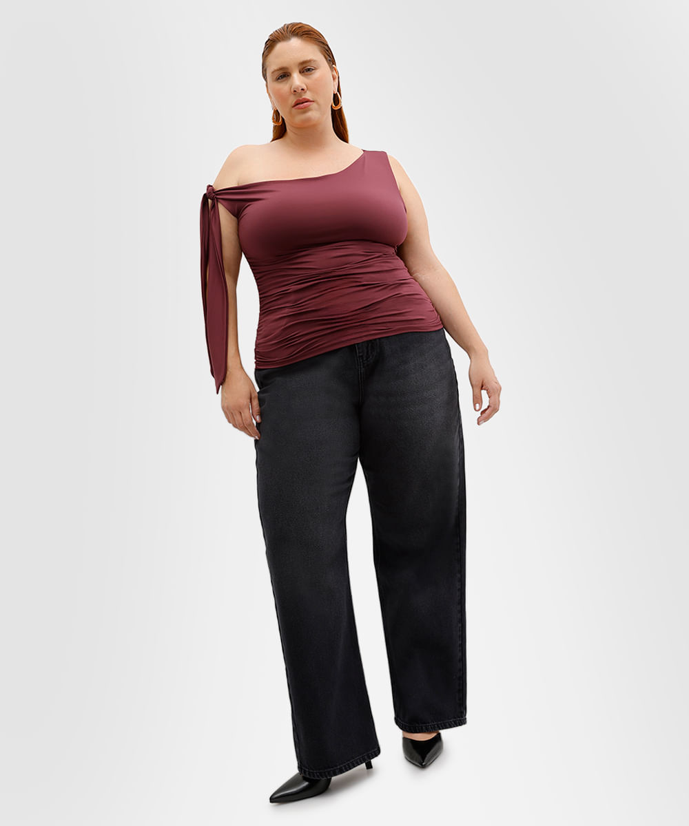 regata feminina com franzido e amarração mindset plus size vinho