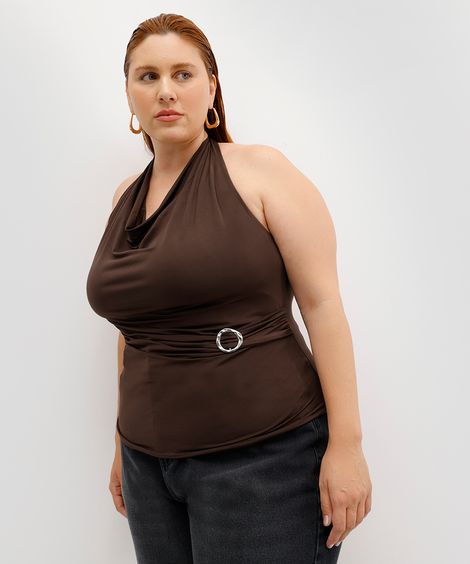 blusa frente única feminina com transpasse plus size mindset marrom