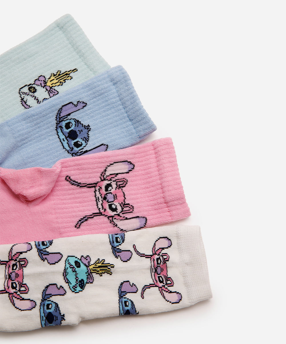 kit de 4 meias infantis cano alto stitch e amigos colorida
