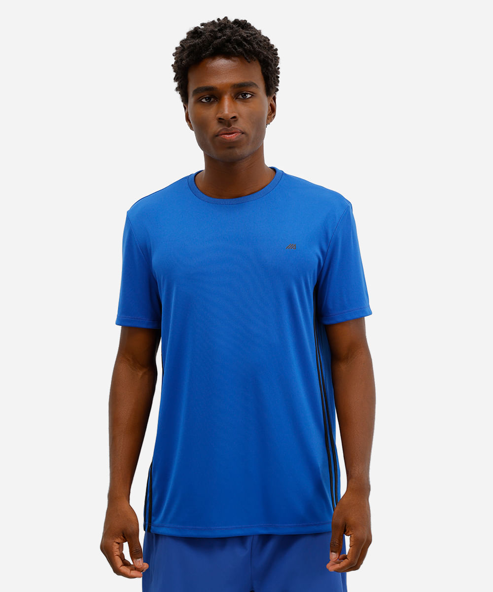 camiseta gola careca com listra lateral esportivo azul