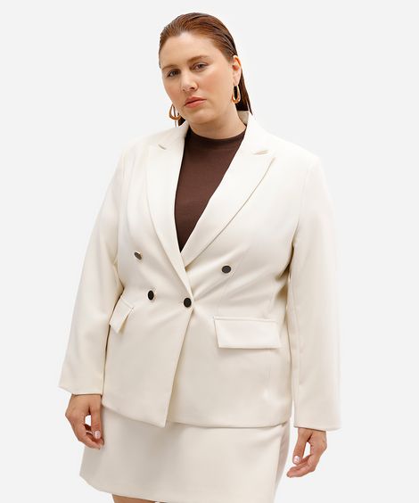 blazer de alfaiataria com ombreiras plus size bege