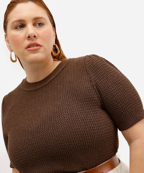 blusa feminina de tricot manga bufante texturizada plus size marrom