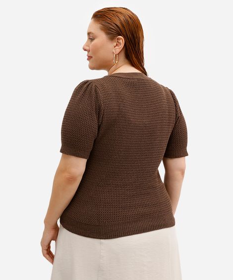 blusa feminina de tricot manga bufante texturizada plus size marrom
