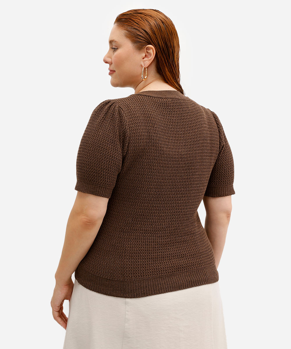 blusa feminina de tricot manga bufante texturizada plus size marrom