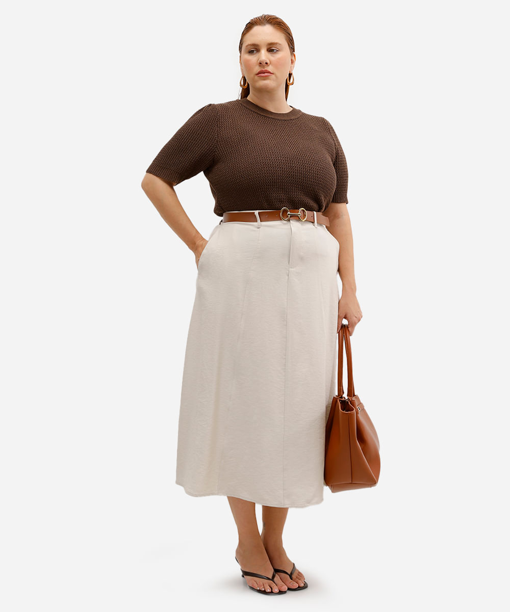 blusa feminina de tricot manga bufante texturizada plus size marrom