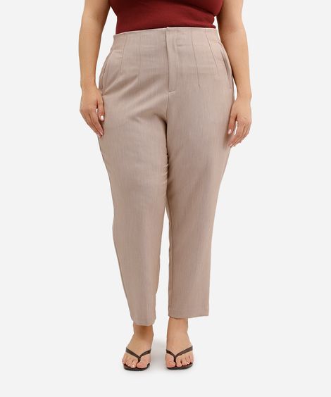 calça reta de alfaiataria feminina com pences plus size bege