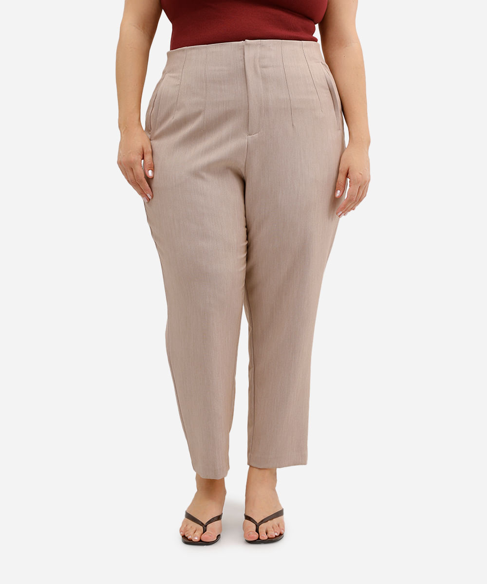 calça reta de alfaiataria feminina com pences plus size bege