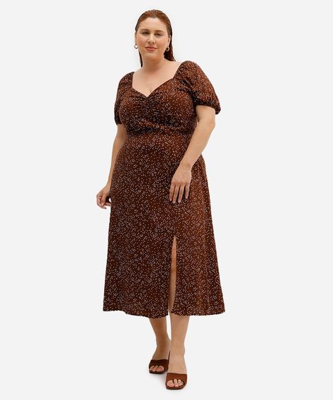 vestido midi feminino de viscose poá plus size marrom