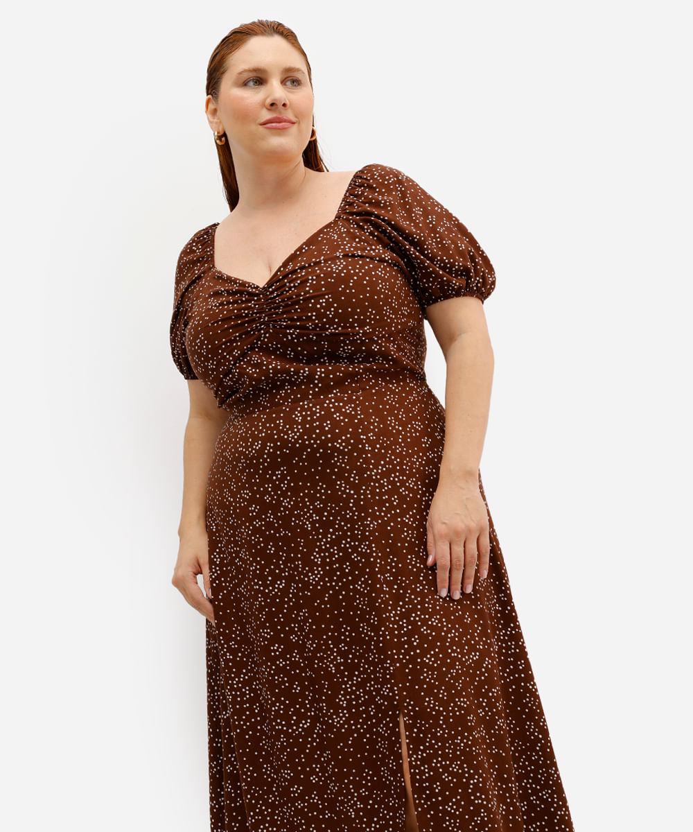 vestido midi feminino de viscose poá plus size marrom