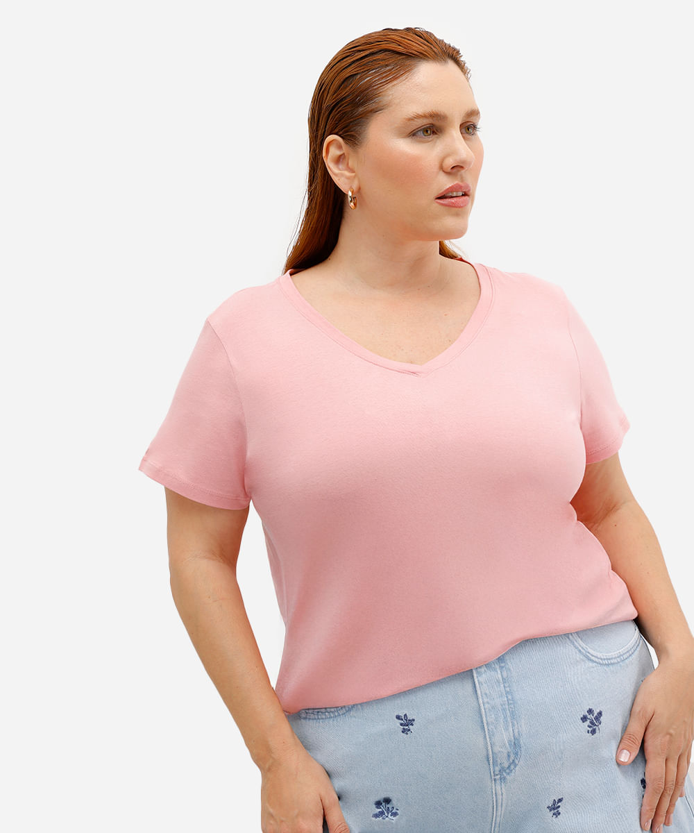 blusa plus size manga curta decote v rosa