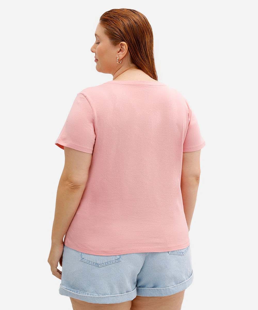 blusa plus size manga curta decote v rosa