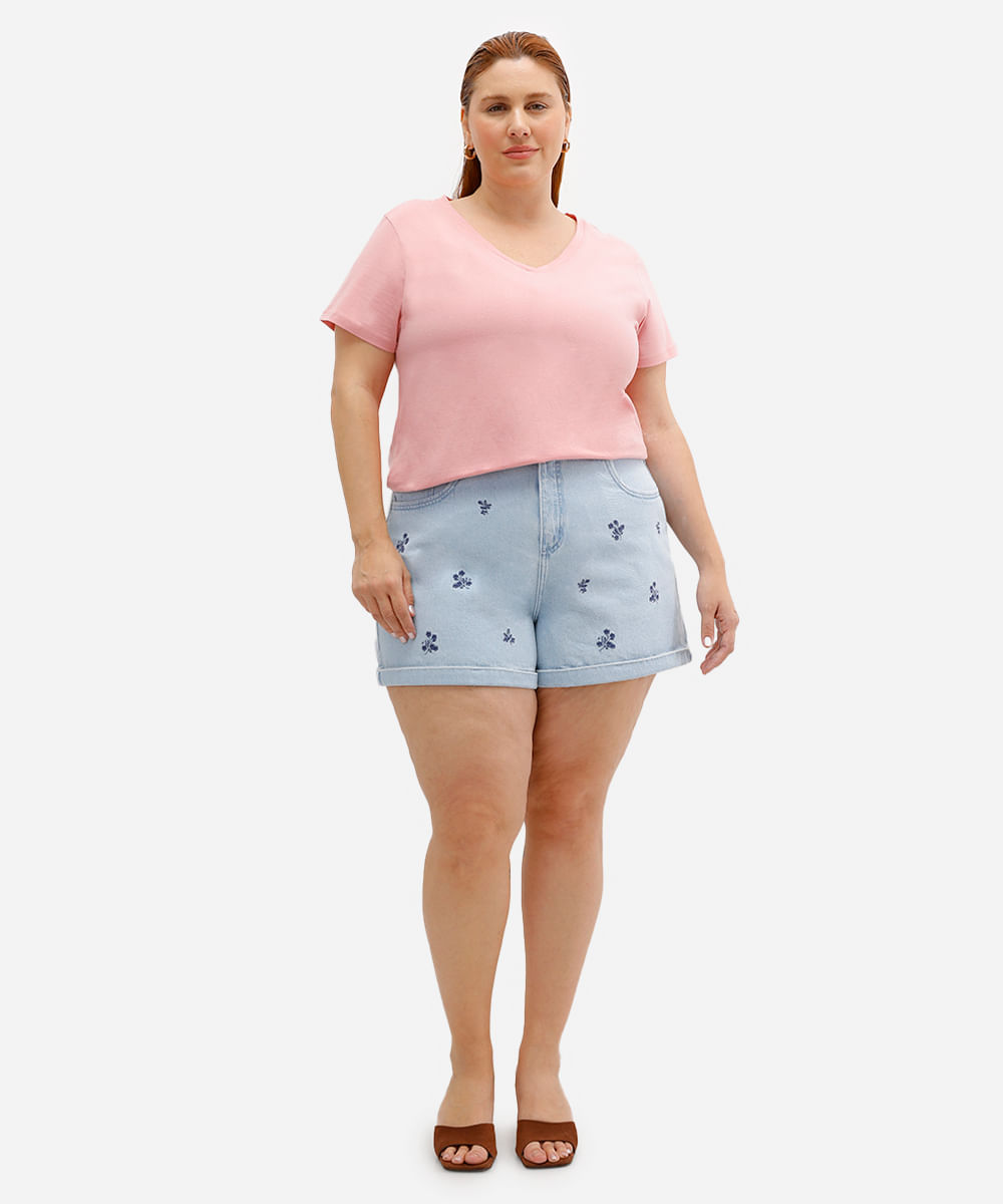 blusa plus size manga curta decote v rosa