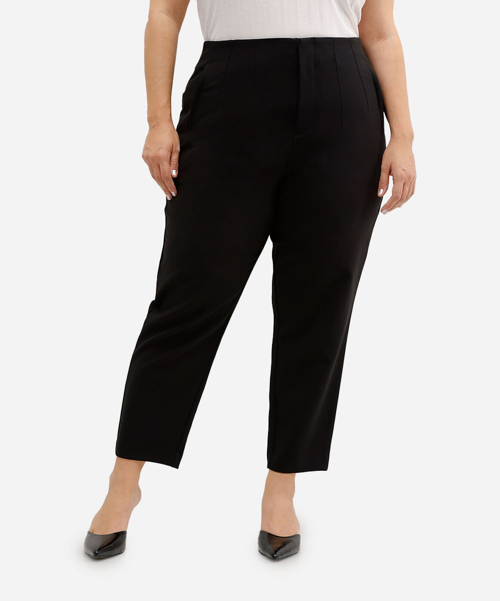 calça reta de alfaiataria feminina com pences plus size preta