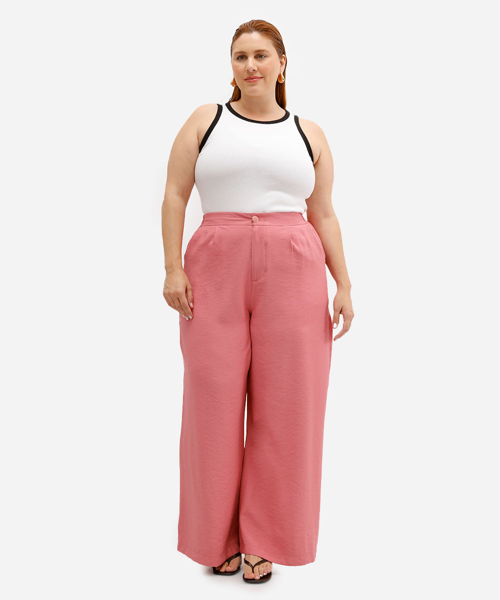 calça alfaiataria com prega e bolso plus size rosa