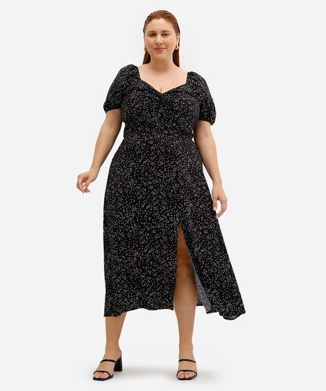 vestido midi feminino de viscose poá plus size preto