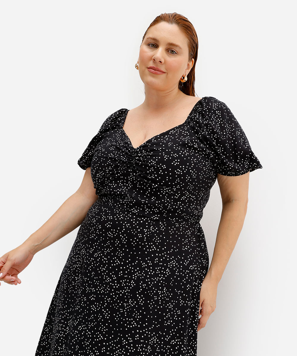 vestido midi feminino de viscose poá plus size preto
