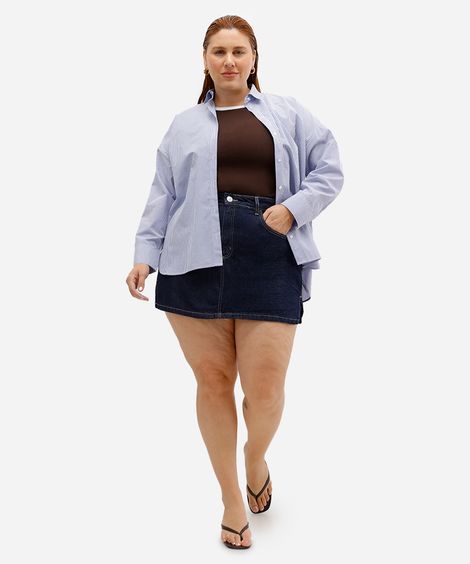 short saia feminino jeans cós elástico com fendas plus size azul