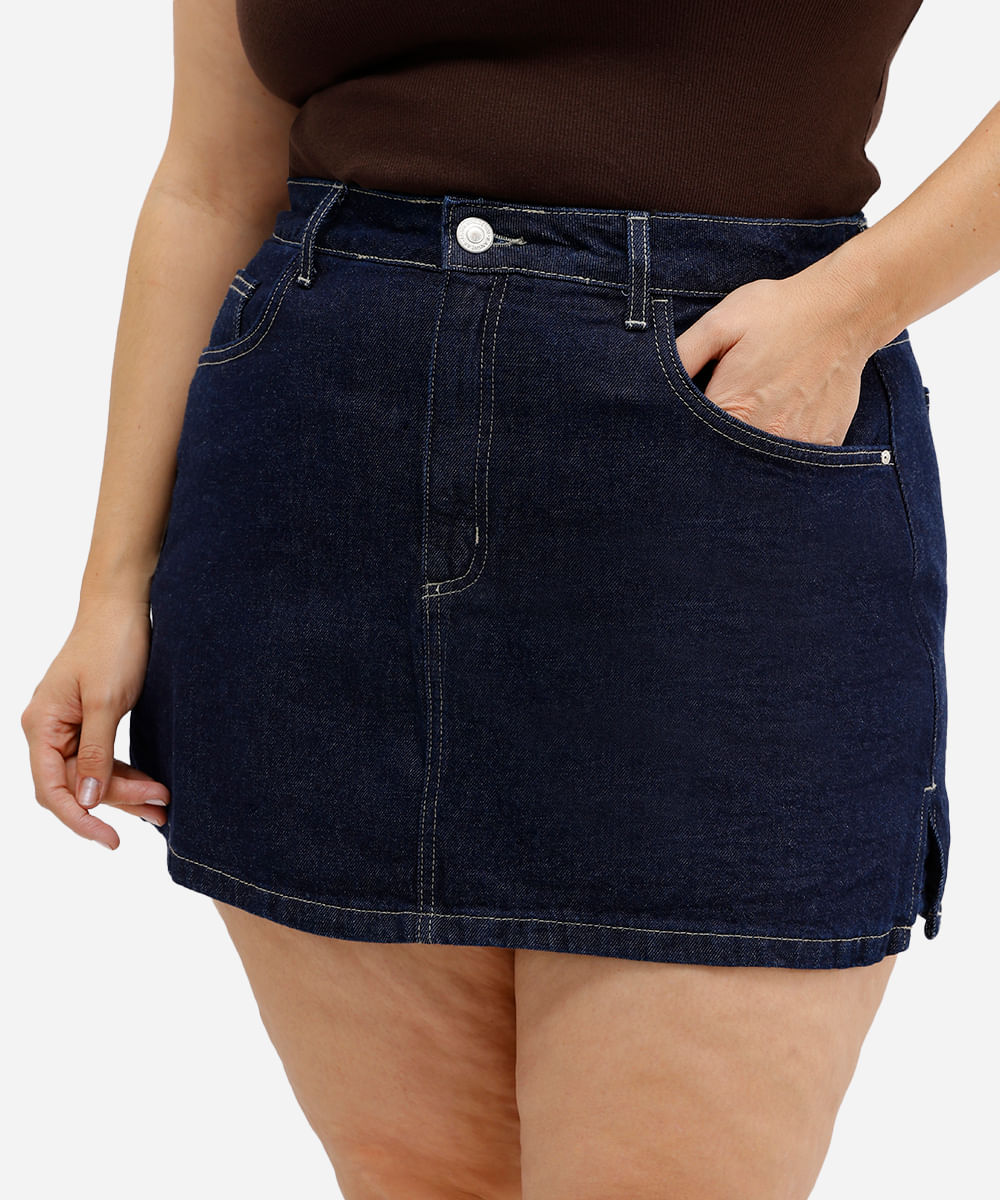 short saia feminino jeans cós elástico com fendas plus size azul
