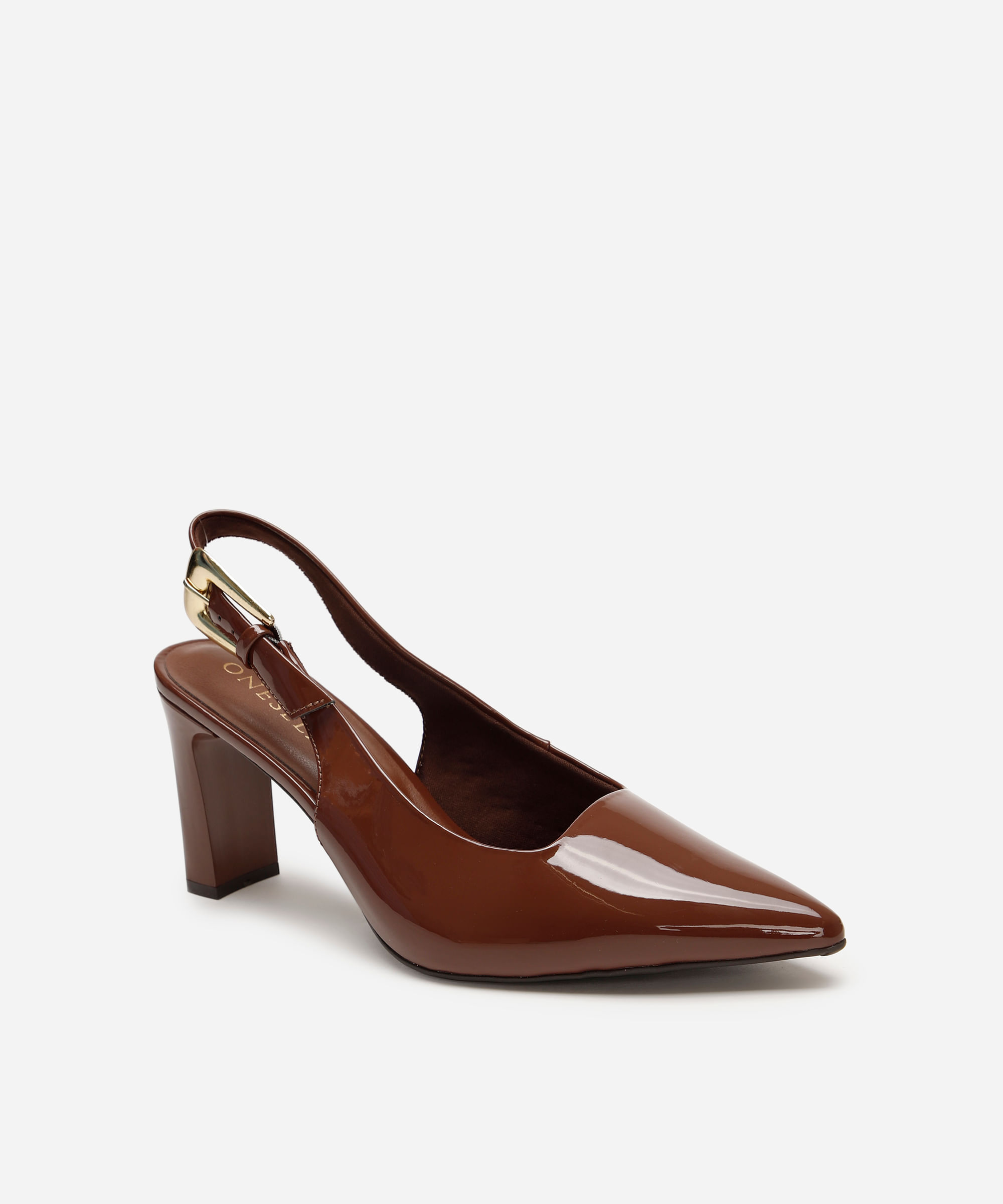 scarpin feminino bico fino com fivela oneself marrom