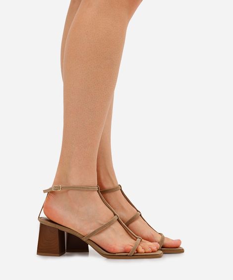 sandália feminina bico quadrado salto amadeirado oneself bege