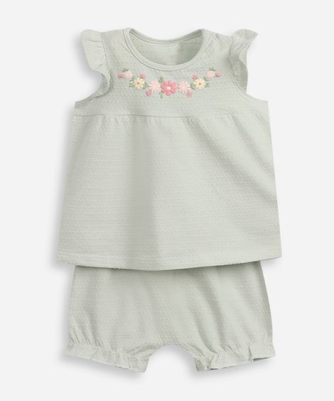 conjunto curto infantil texturizado floral verde