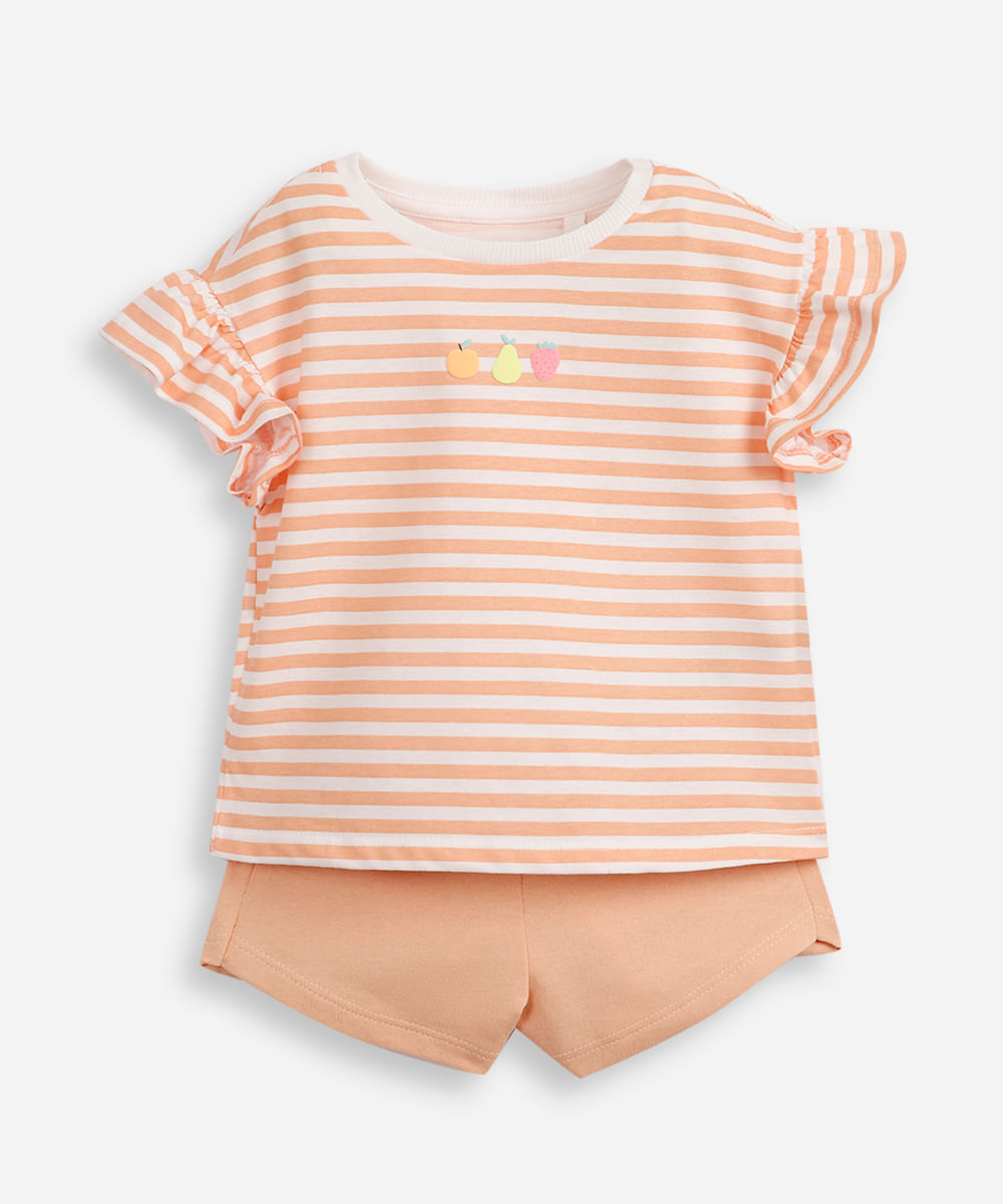 conjunto curto infantil de algodão listrado laranja