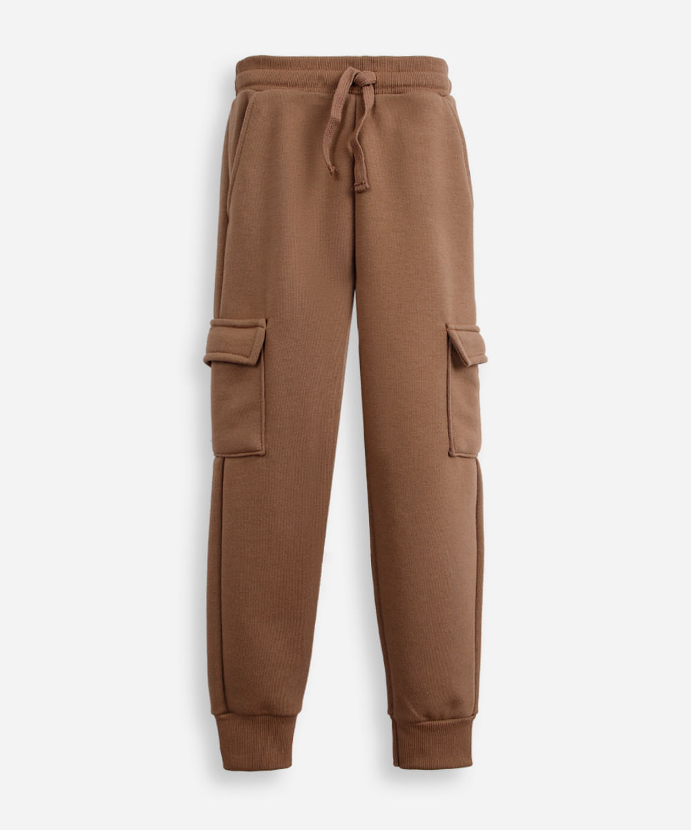 calça jogger infantil de moletom com bolso bege
