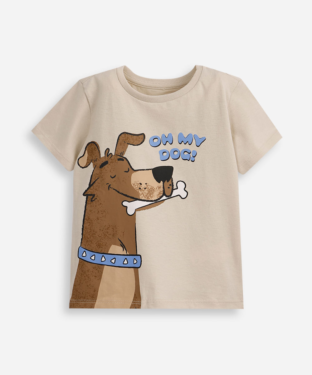 camiseta de algodão infantil manga curta oh my dog bege