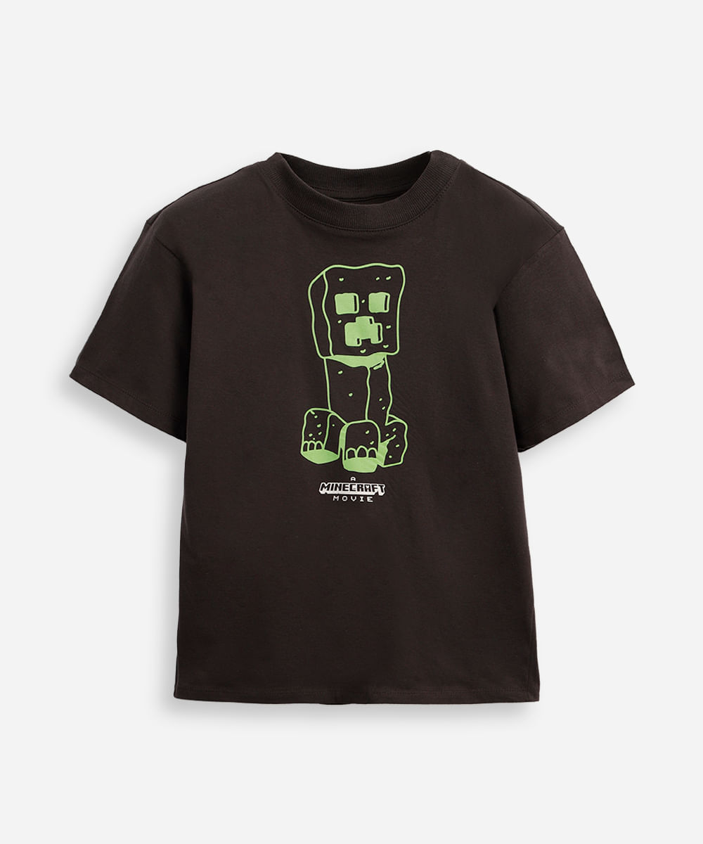 camiseta de algodão infantil manga curta minecraft cinza
