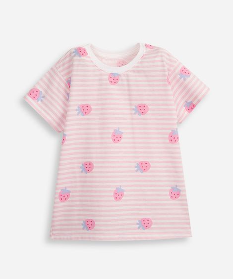 camiseta de algodão infantil moranguinhos listrada off white