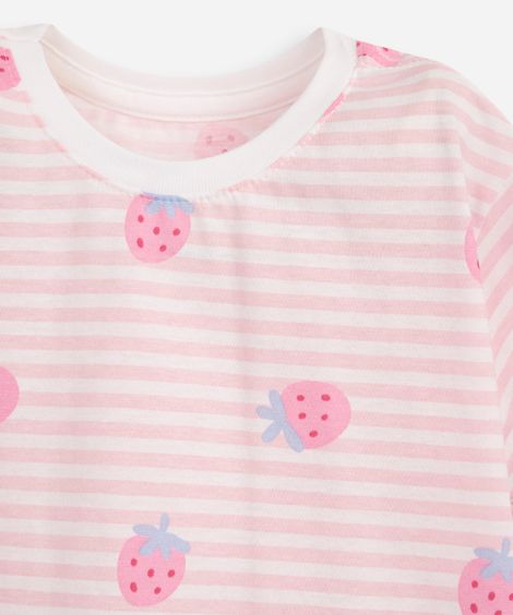 camiseta de algodão infantil moranguinhos listrada off white