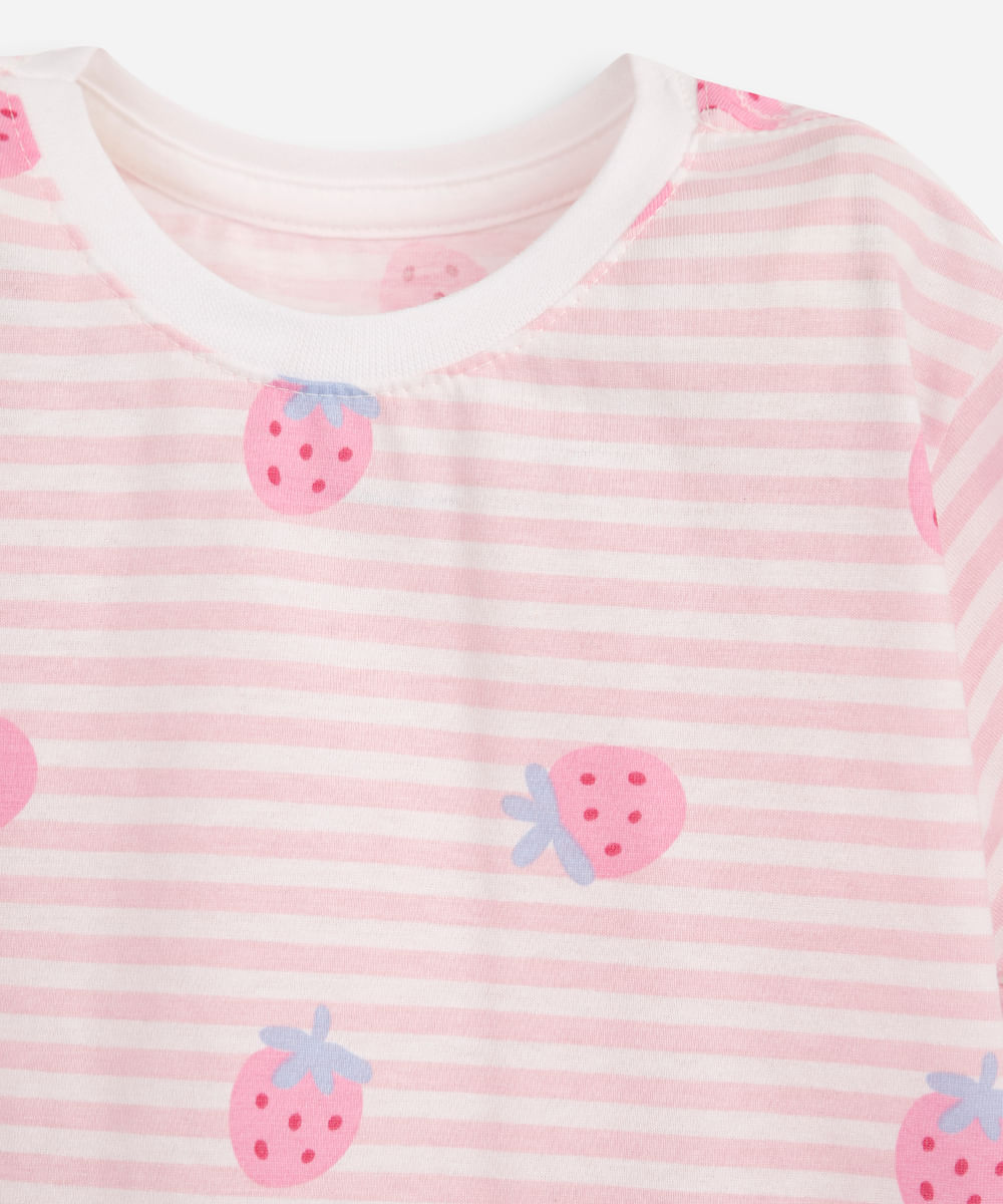 camiseta de algodão infantil moranguinhos listrada off white