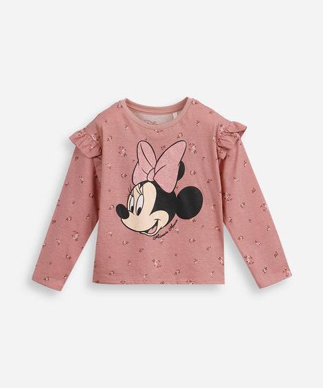 blusa de algodão infantil manga longa com babados minnie rosa