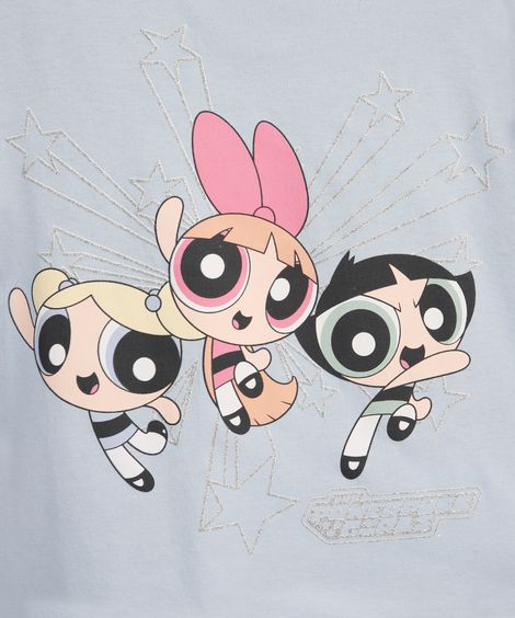 camiseta de algodão infantil as meninas super poderosas com glitter azul