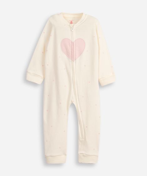 macacão longo de algodão infantil coração off white
