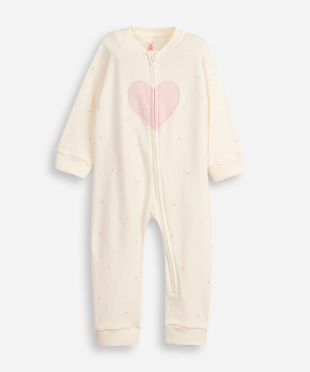 macacão longo de algodão infantil coração off white