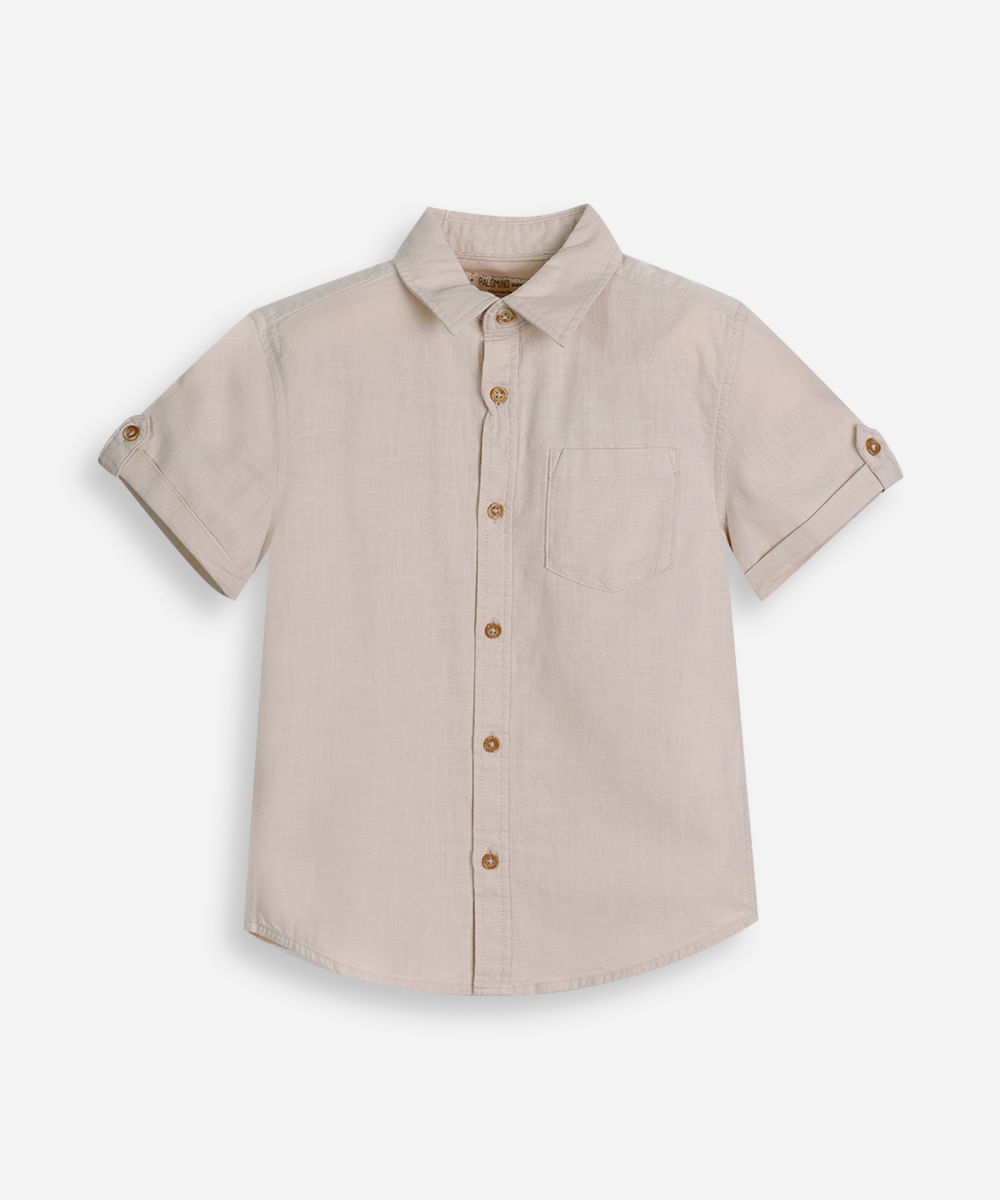 camisa de algodão infantil manga curta com bolso bege