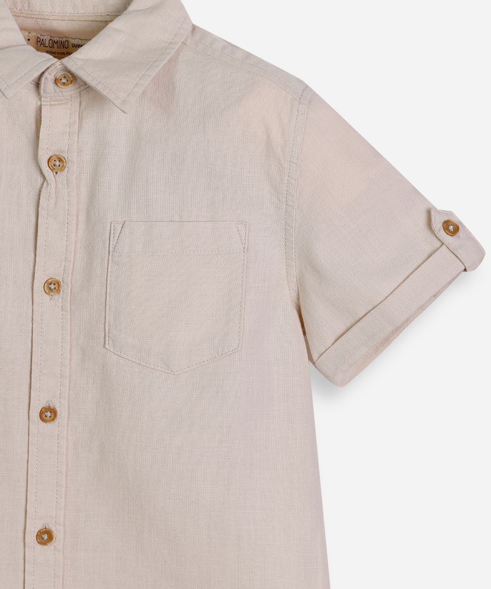 camisa de algodão infantil manga curta com bolso bege