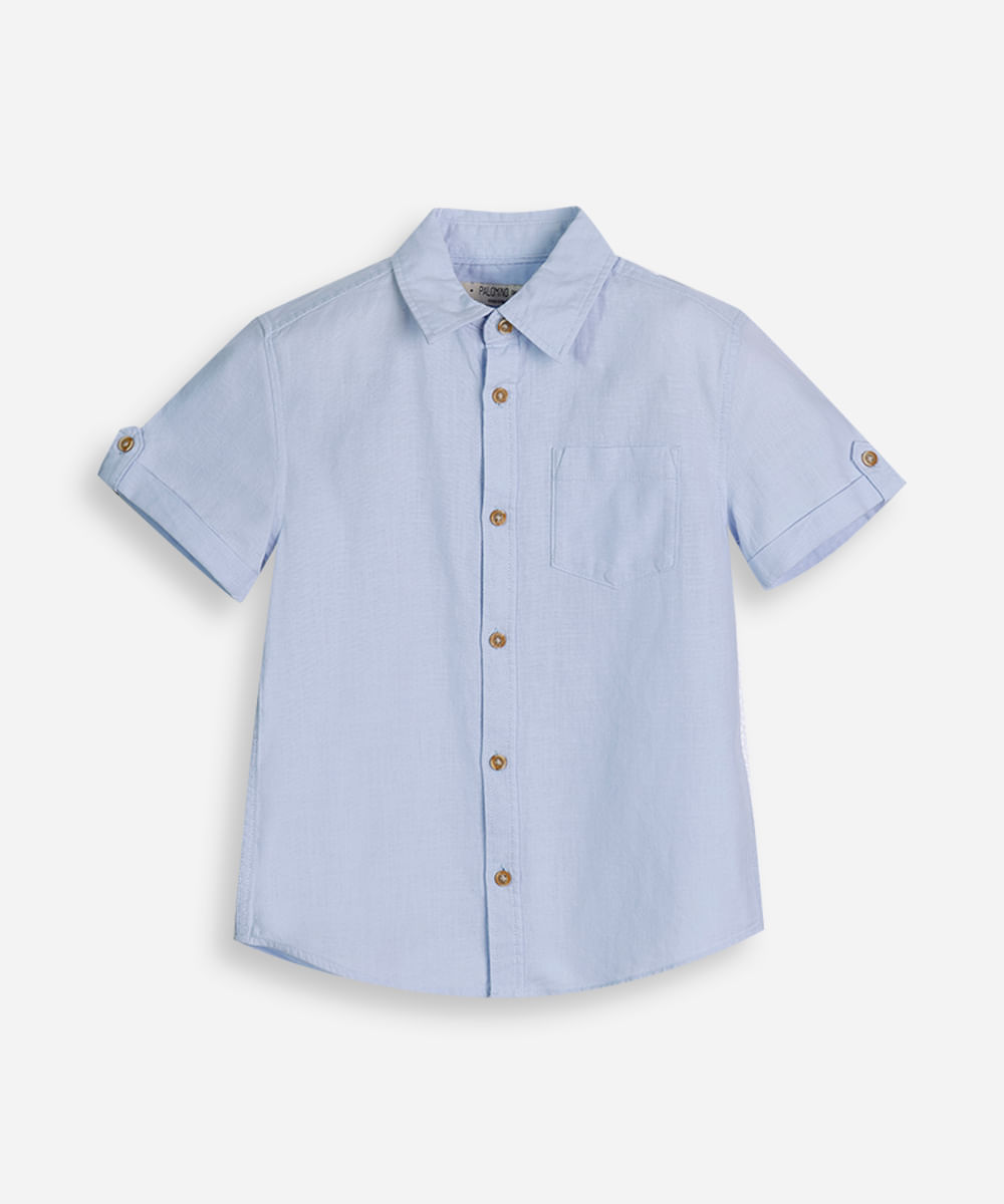 camisa de algodão infantil manga curta com bolso azul