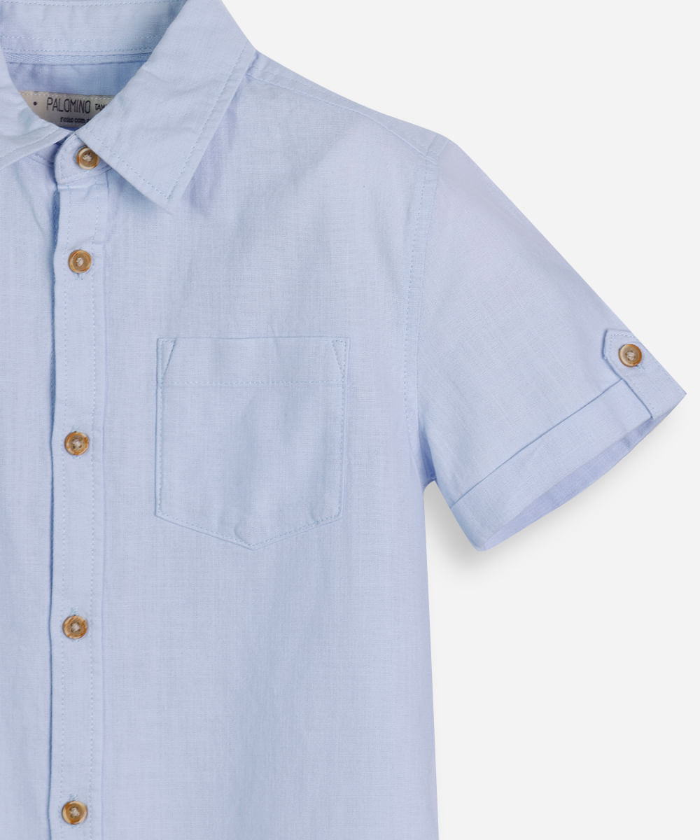 camisa de algodão infantil manga curta com bolso azul