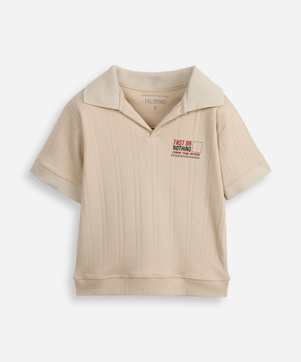 polo oversized infantil manga curta texturizada bege