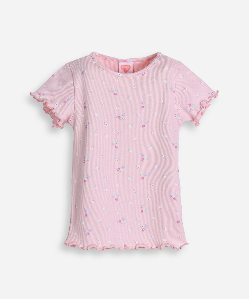 camiseta de algodão infantil com frufru floral rosa