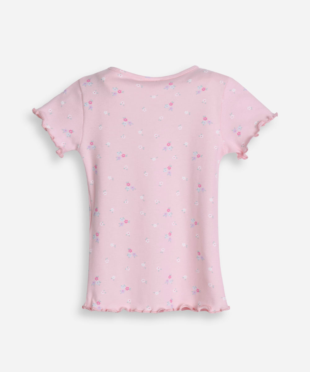 camiseta de algodão infantil com frufru floral rosa