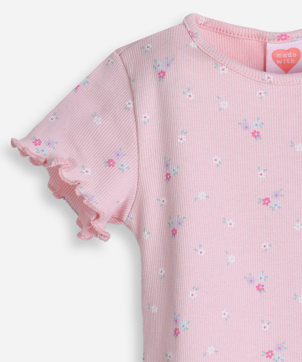 camiseta de algodão infantil com frufru floral rosa