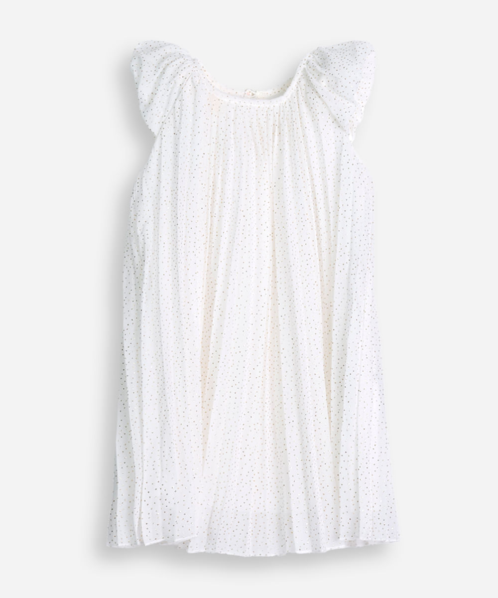 vestido plissado infantil manha bufante poá off white