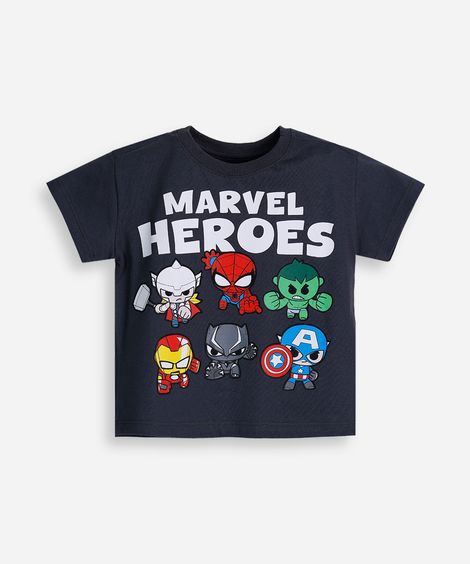 camiseta de algodão infantil manga curta marvel heroes cinza