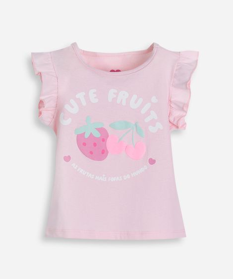camiseta de algodão infantil manga com babado frutinhas rosa