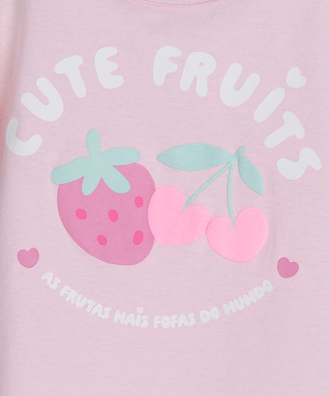 camiseta de algodão infantil manga com babado frutinhas rosa